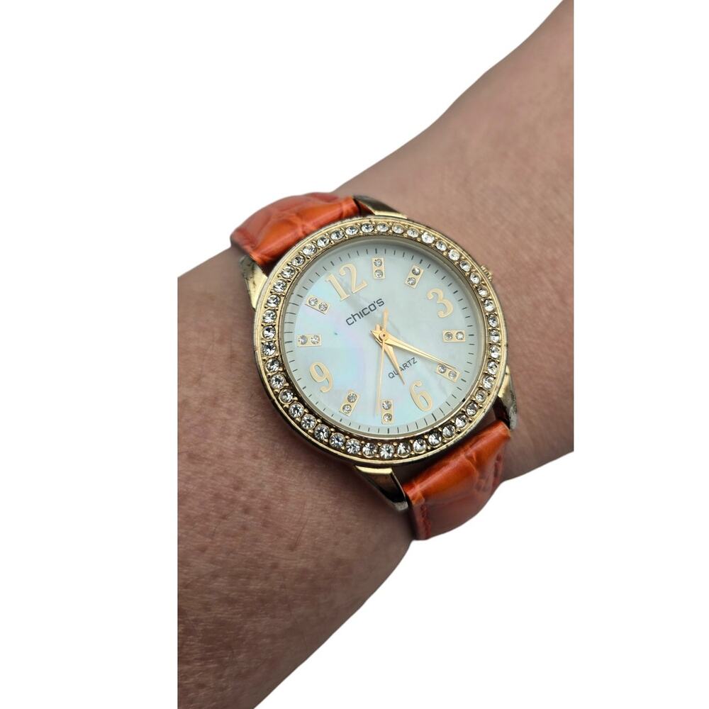 Chico's Rhinestone Bezel Watch Orange Leather Strap Gold Tone Quartz Modern Chic